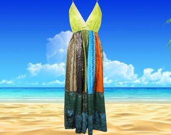 Womens Spring Fields Recycle Silk Strap Dresses, Green Fall Maxi Dress, Beach Maxidress, Swing Dresses ML