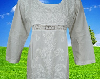 Womens White Cotton Tunic, Chikankari Embroidery Cotton Tunic, Handmade Blouse, Summer Tunic L