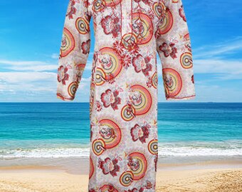 womens Cotton Long Tuni,c Embroidered kaftan, Bohemian Tunic Dress, White Red Indi Boho Summer Kurti, Casual Summer Tunic Dress M