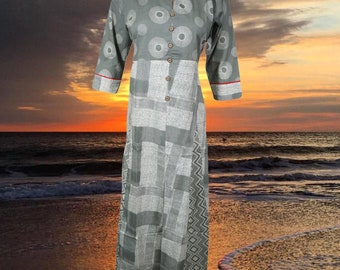 Womans Gray Cotton Maxidress, Boho Indi Handmade Maxi Dress, Gray Printed Daydress M