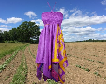 Womens Summer Boho Sundress, Halter Dresses, Purple Summer Dress, Printed Handkerchief Hem Upcycled Silk Sari Beach Halter Dress S/M