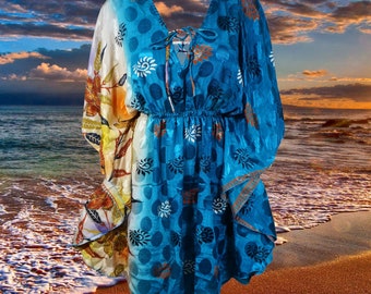 Summer Short Tunic Dress, Women's Hippie Kaftan Dressrd, Blue Printed Beach Cover ups Caftan Dresses M-XL One Size