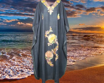 Womens Kaftan Maxi Dress, Beach Bohemian Lounger Caftan Dress, Black Floral Hand Embellished Kaftan Dresses L-4XL