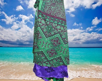 Womens Sari wrap skirt, Magic Wrap Skirt, Sea Green purple Floral Print Layers Wrap Skirts, Travel Fashion, gift, One size