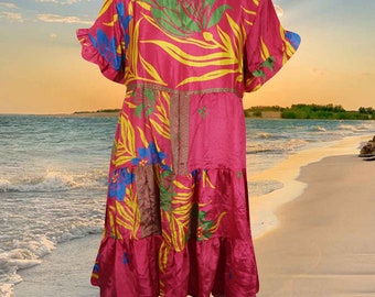 Bohemian Bright Coral Summer Short Dresses for Women, Shift Dress, Flowy Floral Resort Dress, Daydress, Boho Dresses M