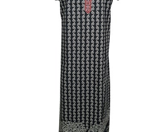 Black Printed Cotton Maxi Caftan Short Sleeves Sleepwear Holiday Evening Dresses L