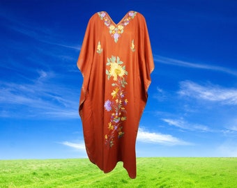 Women's Kaftan Maxi Dress, GIFT, Orange Boho Maxi Dress, Lounger, Cotton Floral Embroidered Caftans, Plus size L-3XL One Size