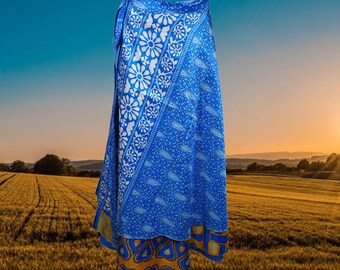 Women Wrap Skirt, Indian Vintage Double Layer Silk Skirt, Handmade Gypsy Blue Wrap around Skirt, Magic Wrap Skirt One size