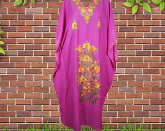 Womens Loose Kaftan Maxi Dresses, Fuchsia Pink Luxury Cotton Hand Embroidered Caftan Dress, kaftan abaya long Dress L-2XL One Size