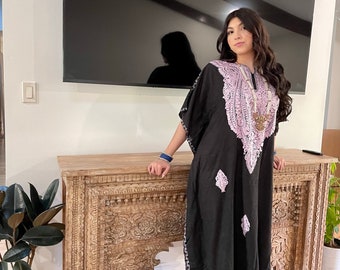 Womens Maxi Caftan Dress, Handmade Black Floral Embroidered Kimono Dress, Abaya Loose Stylish Maxi Kaftan Dresses One size ,L-2XL