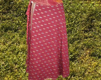 Womens Vintage Silk Skirt, Wrap Around Skirt, Travel, Wrap Dress, Pink Floral Skirt, Magic Two Layer Skirts One size
