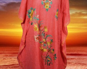 Women Short Kaftan Dress, Pink Embroidered, Oversized Tunic, Leisure Wear Floral Caftan Party Wear Crepe Boho Kaftan, L-2X