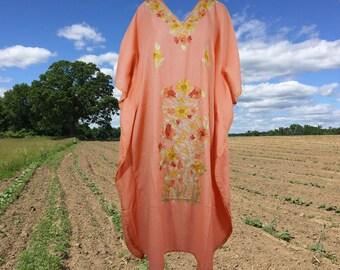 Womens Embroidered Kashmiri Kaftan Long Dress, Coral Peach Floral Embroidery Caftan Maxi Dress, Oversize Handmade Dress, Gift One Size L-2XL