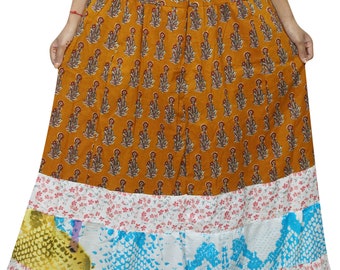 Women's Maxi Skirt, Printed Floral Gold Cotton Skirt, Casual Summer Bohemian Long Skirts S/M