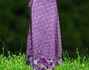 Women Sari wrap skirt, Retro Skirt, Beach Coverup, Silk Sari Wrap Skirts, Purple Floral Printed Layer Reversible Magic Skirts, One Size