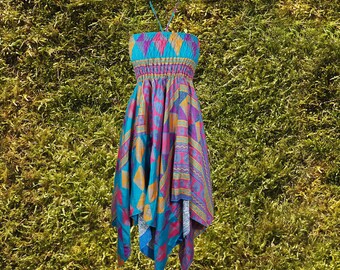 Women's Floral Summer Halter Dress, Blue Bohemian Recycled Handmade Travel 2 Layer Beach Sundress S/M