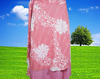 Womens Midi Wrap Skirt, Travel Fashion, Vintage Sari Skirt, Beach Wear Reversible 2 Layer Skirts, Pink Floral Printed Wrap Skirts One Size
