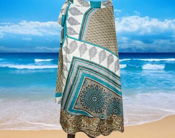 Womens Maxi Silk Wrap skirt, Blue Green Reversible Lightweight Floaty Double layer skirt, Beach Travel Skirts One size