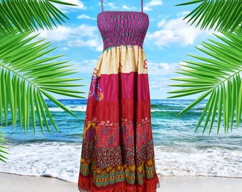 Women Sari Silk Maxi Dress, Red Purple Handmade Evening Dress, Summer Beach Wear Dress, Holiday Dress Festival Dress, Hippie Dress S/M