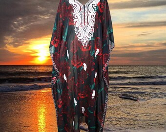 Women's Lounger Kaftan Dresses, Black Red Rose Floral Print, Embroidered Sheer Dress, Summer Beach Dresses, GIFT L-4XL One Size