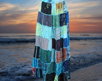 Women’s Patchwork Skirt, Patchwork Boho Maxi Skirt, Blue Festival Beach Skirt, Handmade Skirts S/M/L
