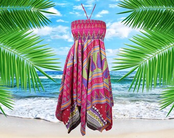 Womens Recycle Silk Halter Dress, Handmade Summer Dresses, Boho Pink Hi Low Travel Sundress S/M