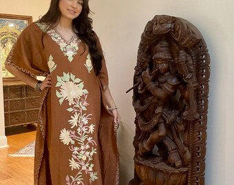 Womens Kaftan Maxi Dress, cotton Kaftan dress, Resort Wear, Brown embroidered Kaftan dress, Kimono maxi dress, L-2XL One Size