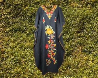 Woman Maxi Kaftan Dresses, Caftan Dress, Loose Housedress, Black Floral Embroidered Boho Dresses, Handmade Kaftan Dresses L-2XL One size
