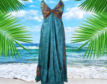 Womens Summer Maxi Dress, Halter Dresses, Paisley Blue Print Swing Strap Boho Beach Maxi Dress, Recycle Silk Handmade Dresses S/M