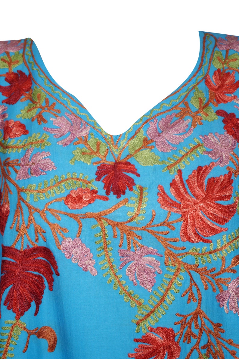 Bohemian Women Beach Kaftan Blue Floral Kimono Dress Lounger Swimwear Cover Up Tunic One Size