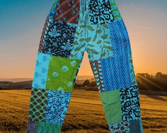 Hippie Patchwork Harem Pants, Women’s Festival Pants, Recycled Eco Patch Bohemian Blue yoga pants, Pajamas, Yoga Pants S/M/L