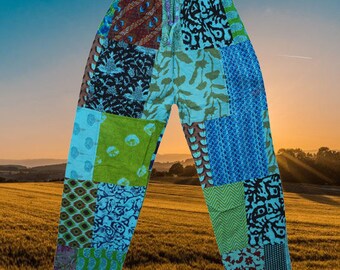 Hippie Patchwork Harem Pants, Women’s Festival Pants, Recycled Eco Patch Bohemian Blue yoga pants, Pajamas, Yoga Pants S/M/L