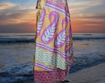 Womens Sari Wrap Skirt, 2 Layer Skirts, Purple Paisley Printed Maxi Skirt Travel Fashion, Beach Handmade gift, One size