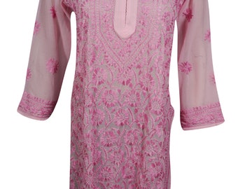 Beautiful Pink Floral Hand Embroidered Tunic Long Sleeves Beach Cover Up Ethnic Indian Kurti Kurta Georgette Sheer Summer Dresses S/M