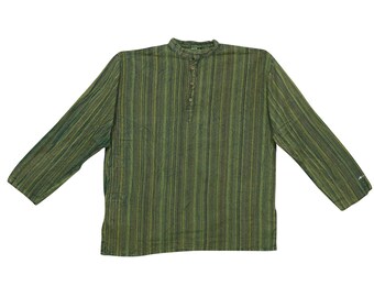 Men's Fashion Short Kurta, Indian Shirt Kurta Green Stripe Print Shirt Men Top Tunic Short Kurta L