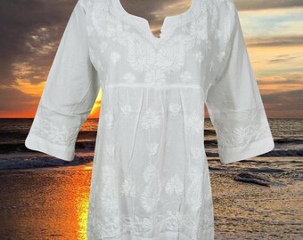 Womens White Embroidery Cotton Tunic, Soft Tunic, Chikankari, Handmade Blouse, Summer Tunic Bohemian Clothing