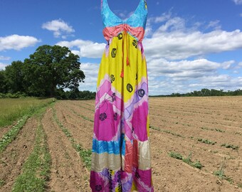 Womens Strapdress, Maxi Sundress, Colorful Recycled Silk Dress, Carribean Summers Fall MaxiDress S/M/L