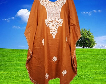 Womens Kaftan Dress, Sunset Orange Embroidered Midi Caftan Dress, Summer Boho Comfy Housedress Gift  L-4XL