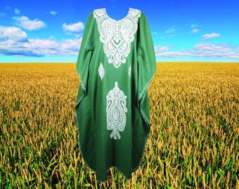 Women's Kaftan Maxi Dress, Green White Boho Fall Maxi Dress, Beach Holidays, Lounger, Cotton Crepe Embroidered Lounge Caftans L-2XL One Size