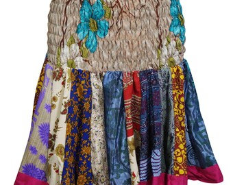 Colorful skirts bohemian Recycled Sari Flared Mini Skater Skirts for Women Ruched Waist Flirty Hippie Chic Skirts SM