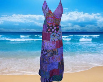 Patchwork Hippie Dress, Blue Strap Maxi Dress, Handmade Printed Long Dresses, Bohemian Fashion S/M