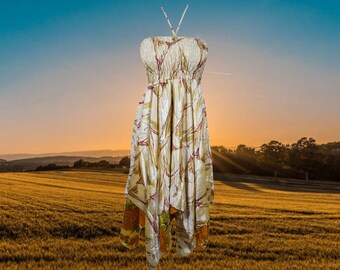 Women Sundress, Summer Dresses, Beige Handmade Boho Dress, Printed Uneven Hem Upcycled Silk Sari Boho Beach Halter Dress S/M