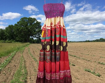 Women Handmade Party Evening Dress, Sari Silk Maxi Dress, Red PurpleSummer Beach Wear Dress, Holiday Dress Festival Dress, Hippie Dress S/M