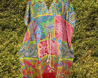Boho Cotton Summer Kaftan Dress, Multicolor Paisley Print Beach Short Caftan Dresses ,Resort wear, Handmade, Fall Boho Travel Kimono S/M