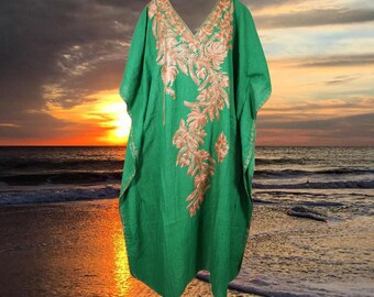 Women's Kaftan Maxi Dress, Handmade Gift, Parakeet Green Cruise Holidays Caftan, Lounger, Cotton Embroidered Caftans, One size L-2XL