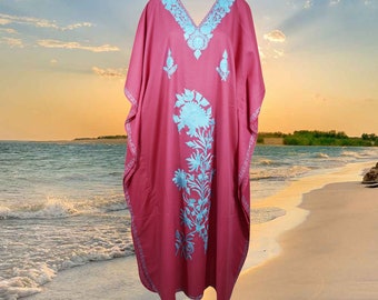 Women's Travel Maxi Kaftan Dress, Boho Maxi Dresses, Pink Maxi Dress, Gift, Beach Holidays, Cotton Hand Embroidered Caftans L-2XL One Size
