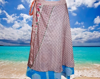 Womens Wrap Skirt, Bohemian Clothing, Short Pink Floral Skirt, Beach Cover Up, Silk Sari Magic Wrap Around Skirts, One size