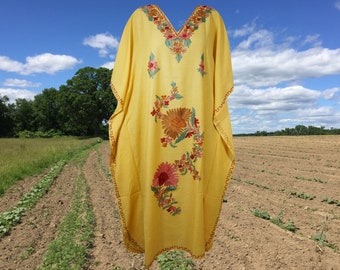 Women's Travel Caftan Maxi Dress, Yellow Floral Embroidered Kaftan Dress, Handmade Gift, Cotton Cruise Boho Beach Dresses ONE SIZE L-2XL