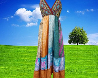 Womens Beach Maxidress, Flowy Dresses, Upcycle Silk Maxi Dress, Blue Bohemian Strapdress, Fall Fashion Handmade Dresses ML