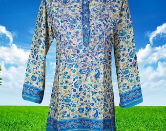 Womens Tunic Top, Handmade Blue Floral Printed Silk Tunic , Embroidered Beach Top, Travel Gift, Indian Kurta, Kurti S